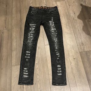 Rock Revival Slim Taper Gray/Black Jeans, Ripped, Size 29
